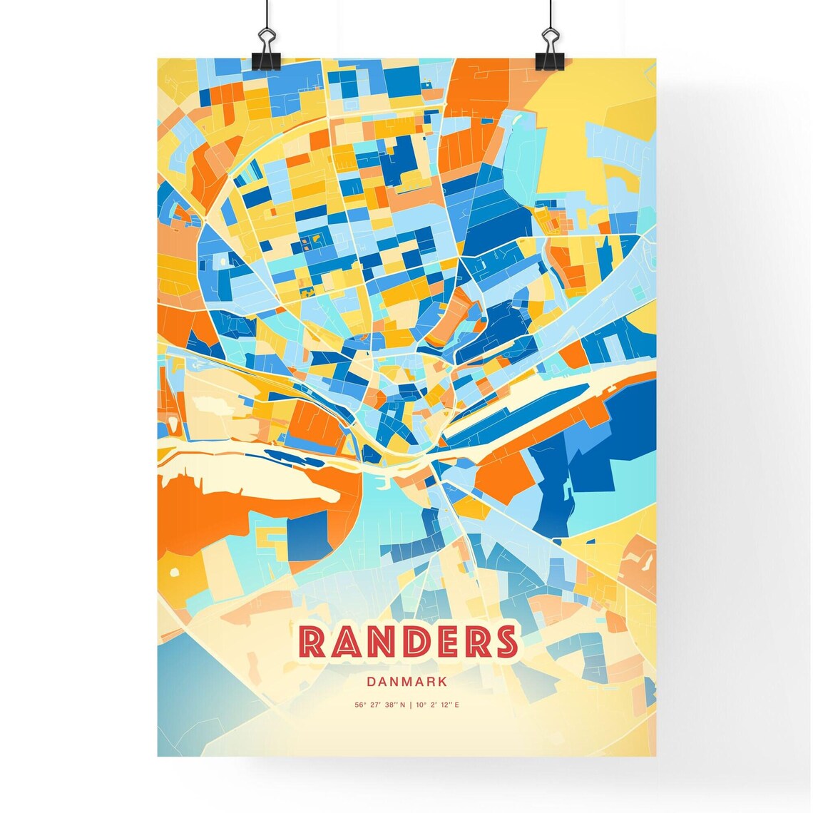 Randers Denmark Vibrant City Map Poster Blue Orange Scandinavian Wall Decor - Image 3
