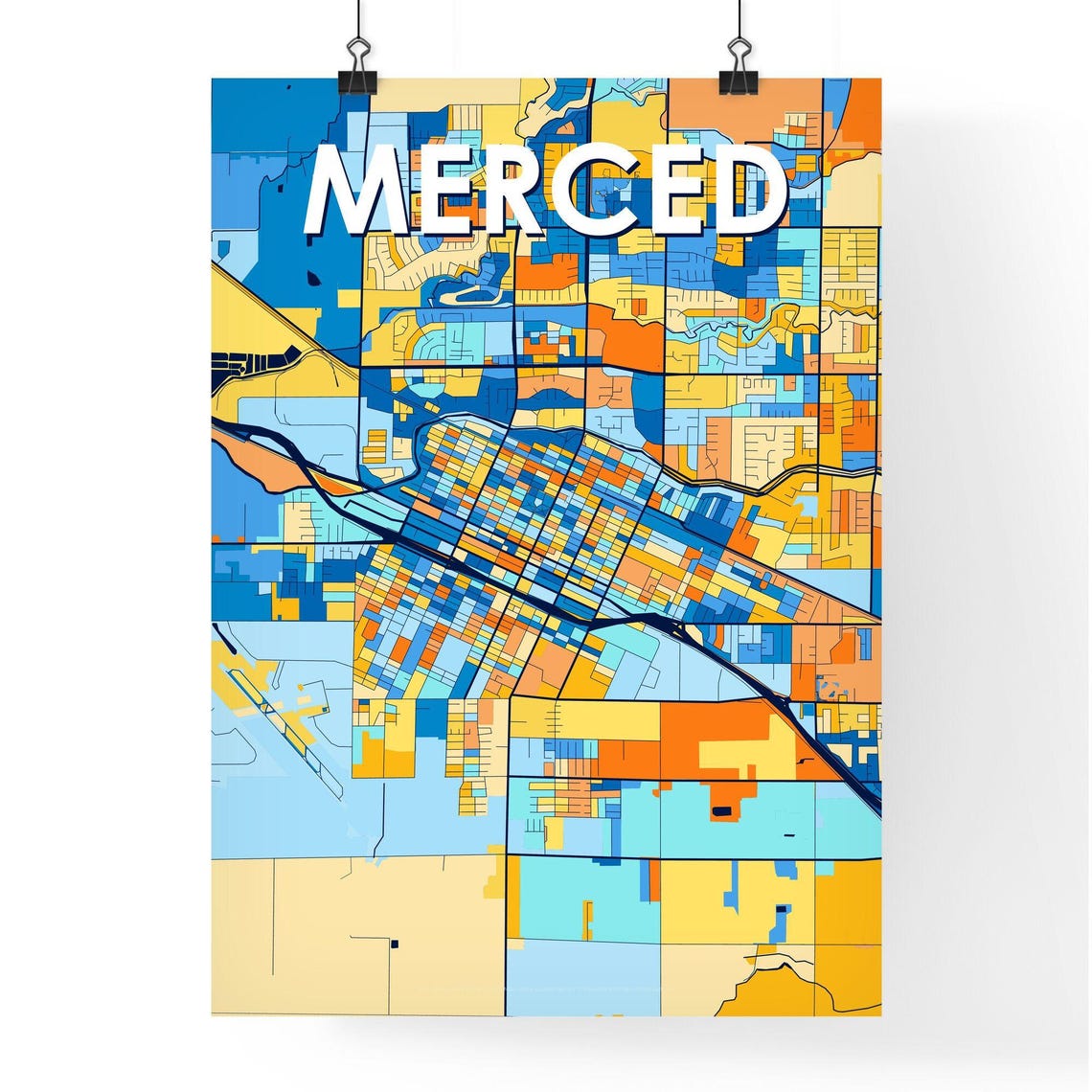 Merced California Bright Mosaic City Street Map Artwork Poster