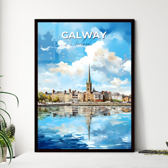Galway Ireland Skyline Waterfront Seagulls Clouds Reflection Travel Poster