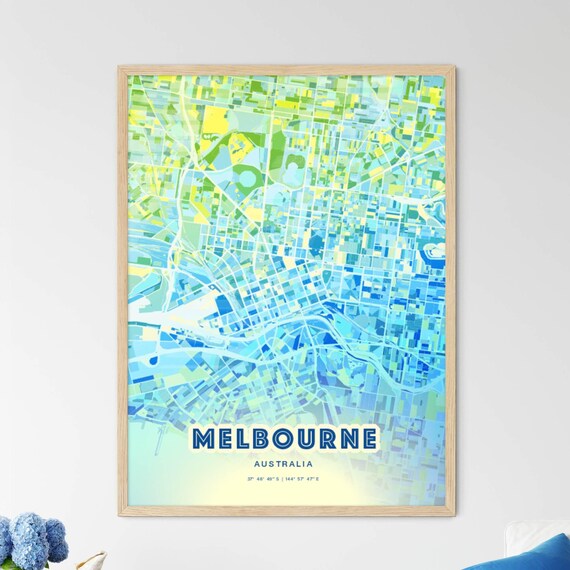 Melbourne Australia Soft Blue Green Street Map City Decor Art Poster