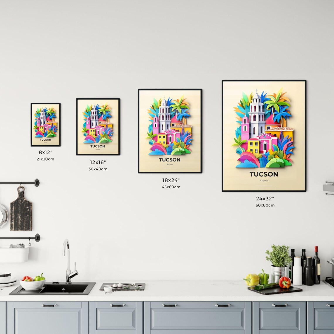 Tucson Arizona Mission Church And Palms Paper Cut Art Poster - Image 3