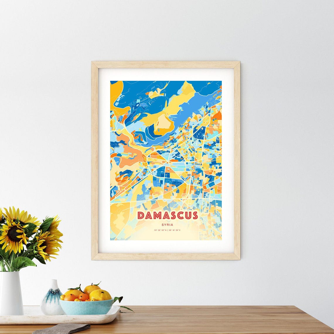 Damascus Syria Elegant Pastel Blue and Orange Fine Art Map Print - Image 2