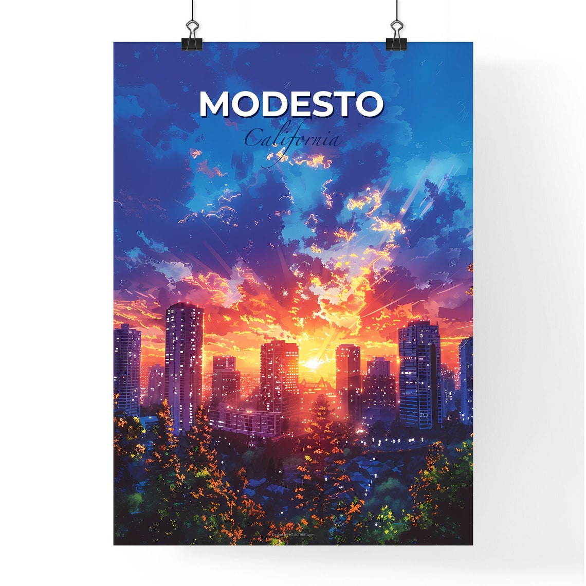 Modesto California Dramatic Sunset Downtown Skyline Travel Poster - Image 4