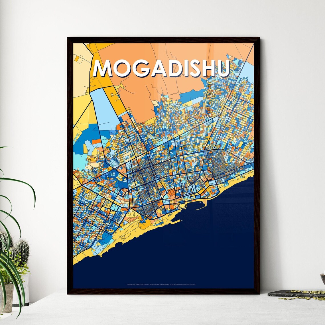 Mogadishu Somalia Bold Blue Orange City Map Wall Decor Poster
