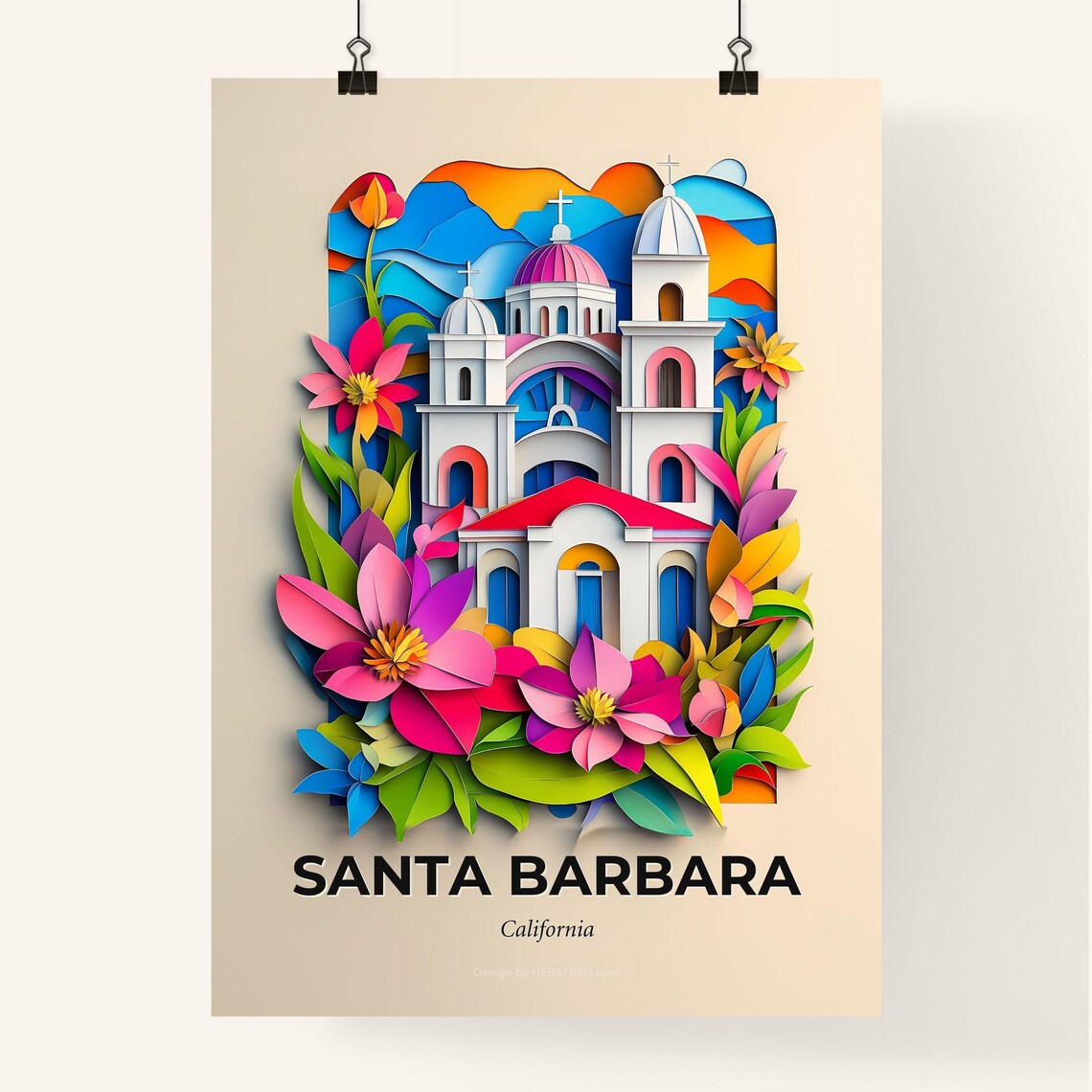 Santa Barbara California Church Flowers Paper Cut Art Poster - Image 4