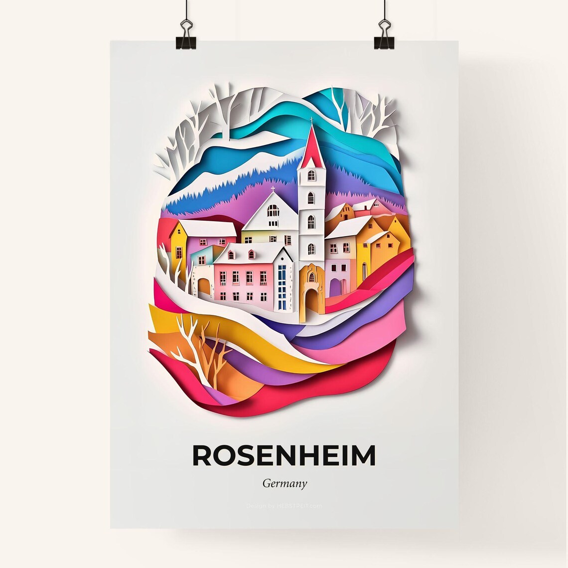 Rosenheim Germany Colorful Alpine Papercut Town Travel Poster - Image 4