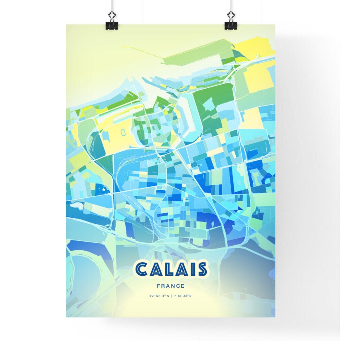 Calais France Personalized Bluish Art City Map Coordinates Poster - Image 2