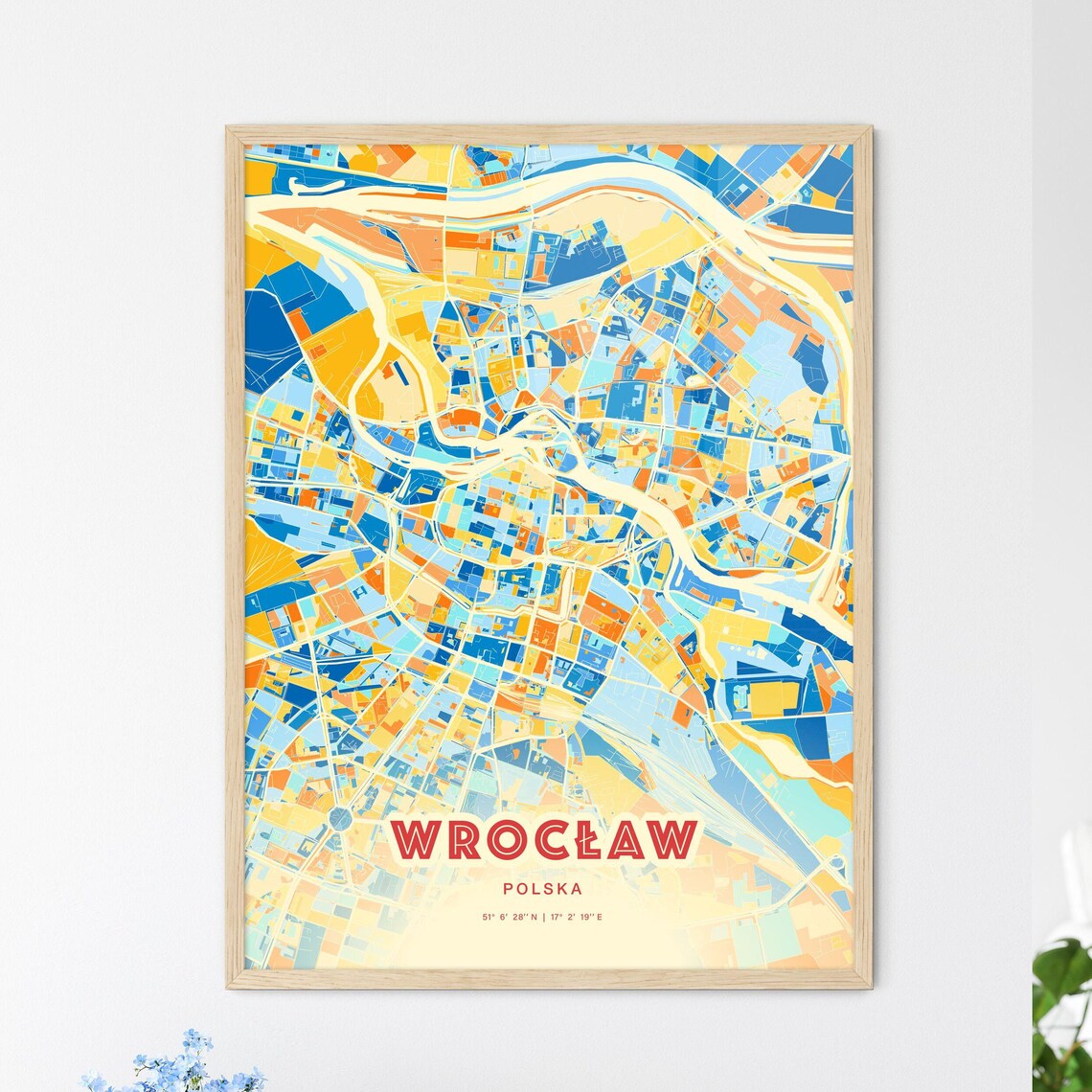 Wroclaw Poland Blue Orange Colorful City Map Art Poster With Coordinates
