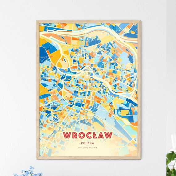 Wroclaw Poland Blue Orange Colorful City Map Art Poster With Coordinates