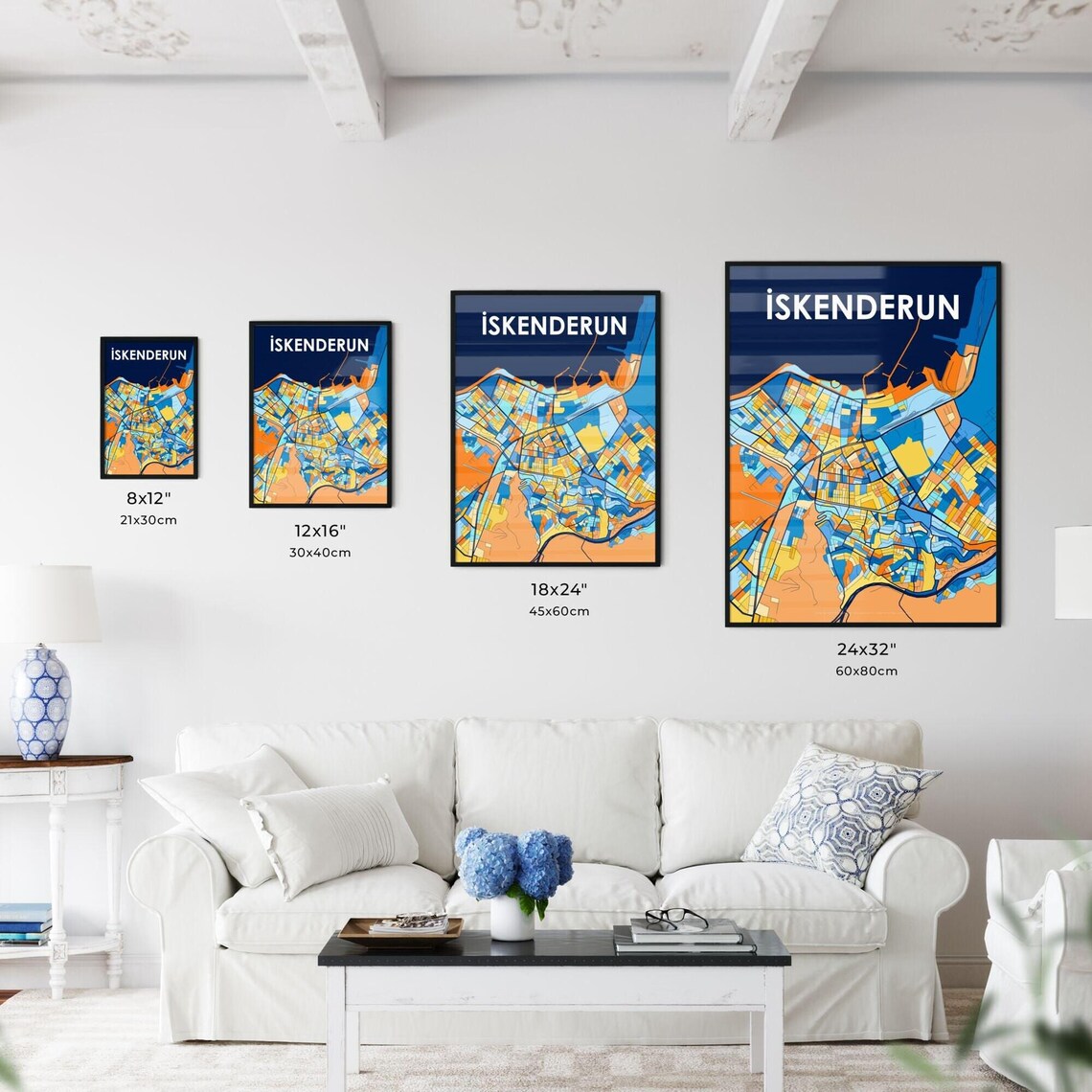İskenderun Turkey Vibrant Geometric City Map Art Poster in Blue and Orange - Image 3
