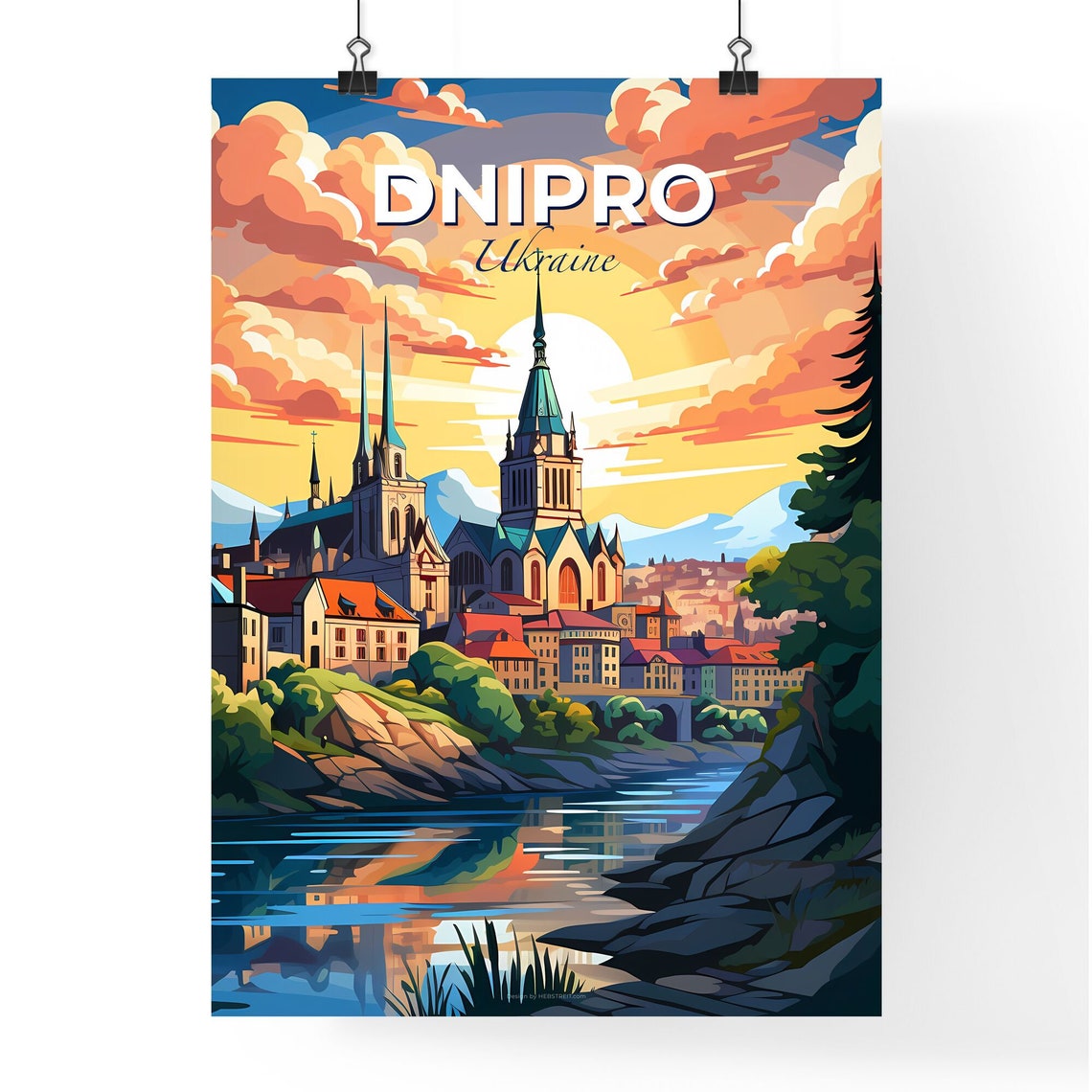 Dnipro Ukraine Cathedral Spires River Golden Sunset Skyline Poster - Image 4