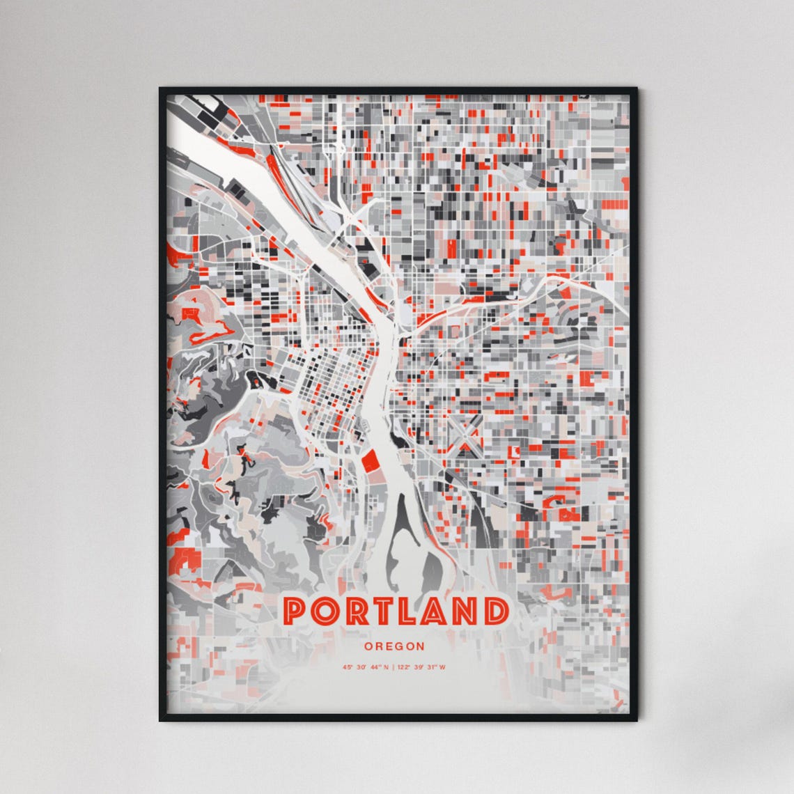 Portland Oregon Bold Expressive Red Abstract City Map Poster