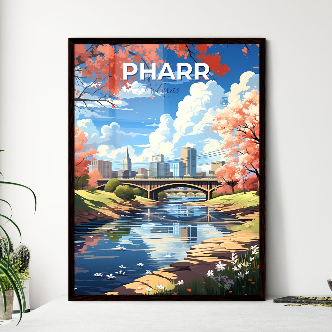 Pharr Texas Cherry Blossom River Bridge City Skyline Art Poster