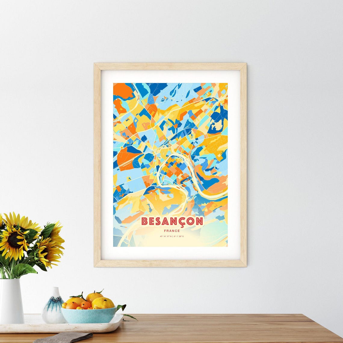 Besançon France Colorful Blue Orange Map Art Poster Wall Decor - Image 2