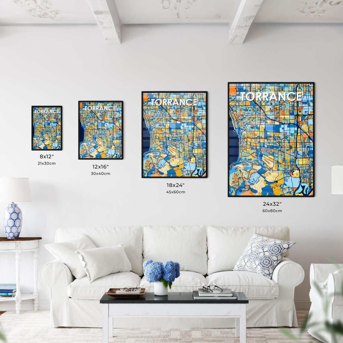Torrance California Stylish Vibrant Blue and Orange Mosaic City Map Poster - Image 3