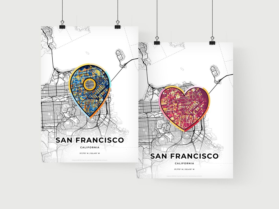 San Francisco California Minimal Map Art With Colorful Heart Icon Poster - Image 2