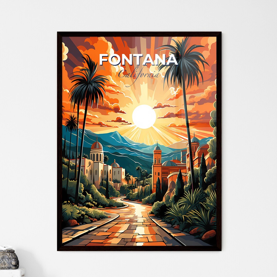 Fontana California Sunburst Sunrise Palm Mission Style Poster