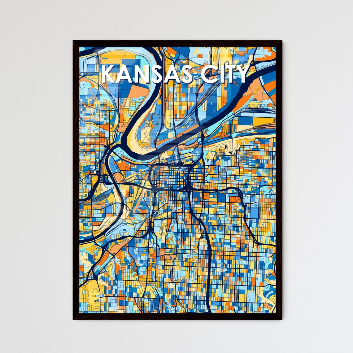 Kansas City Missouri Vibrant Blue and Orange City Map Poster