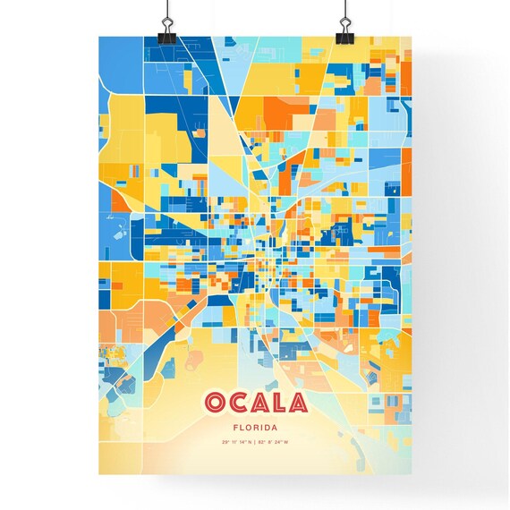 Ocala Florida Blue Orange Street Map Art Home Decor Gift Poster