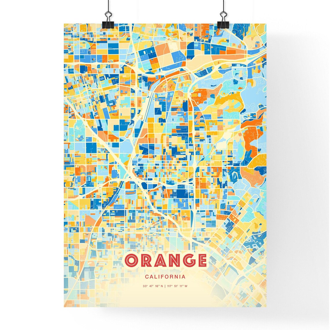 Orange California Colorful Blue and Orange City Map Art Poster - Image 3