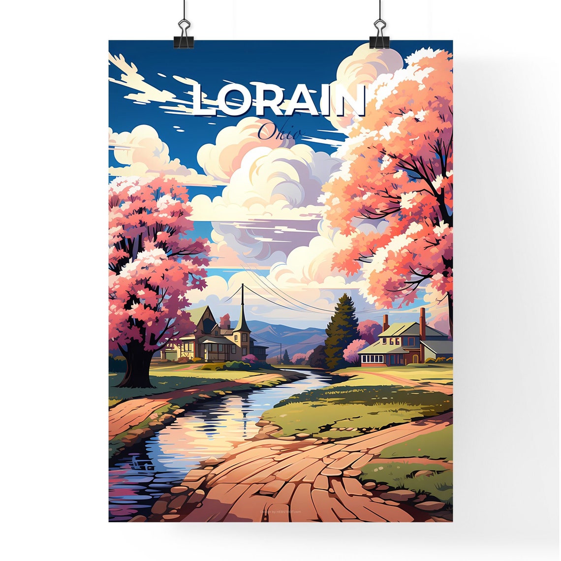 Vivid Lorain Ohio Countryside Cherry Blossom Stream Scene Poster - Image 4