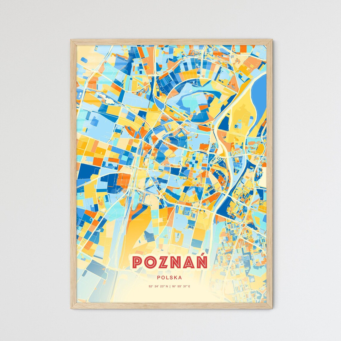 Poznan Poland Colorful City Map Blue Orange Blocks Art Poster