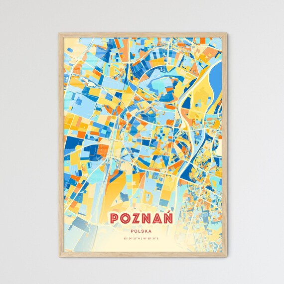 Poznan Poland Colorful City Map Blue Orange Blocks Art Poster