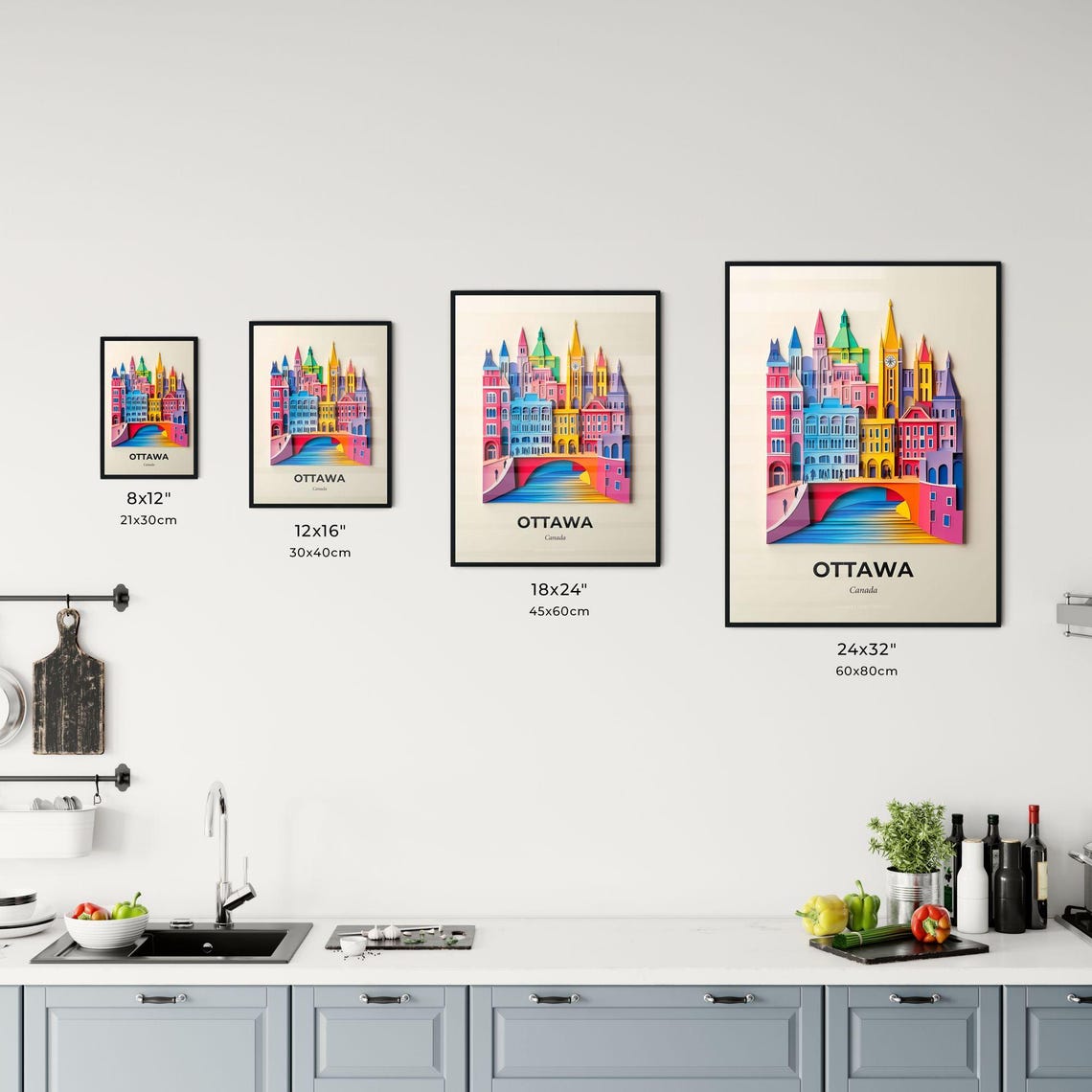 Ottawa Canada Colorful Paper Cut Skyline Bridge Travel Poster - Image 3