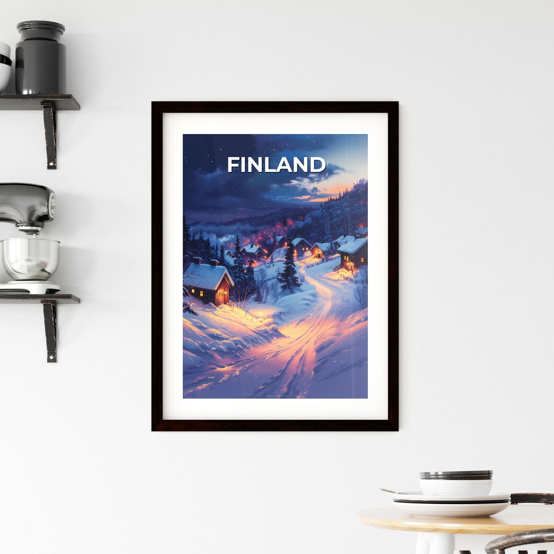 Finland Snowy Village Winter Night Glowing Cabins Art Poster - Image 2