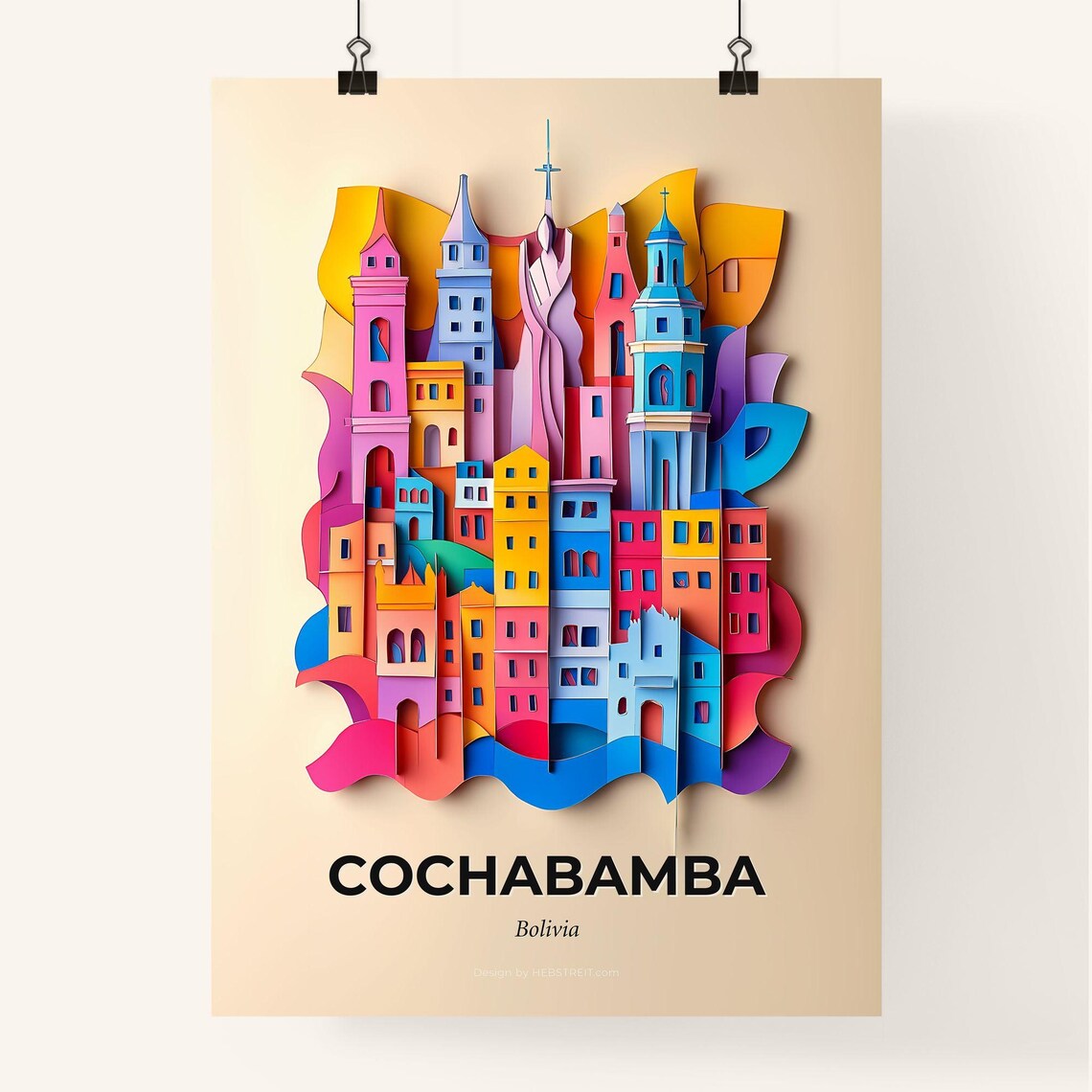 Cochabamba Bolivia Colorful Paper Cut Church Towers Scene Poster - Image 4