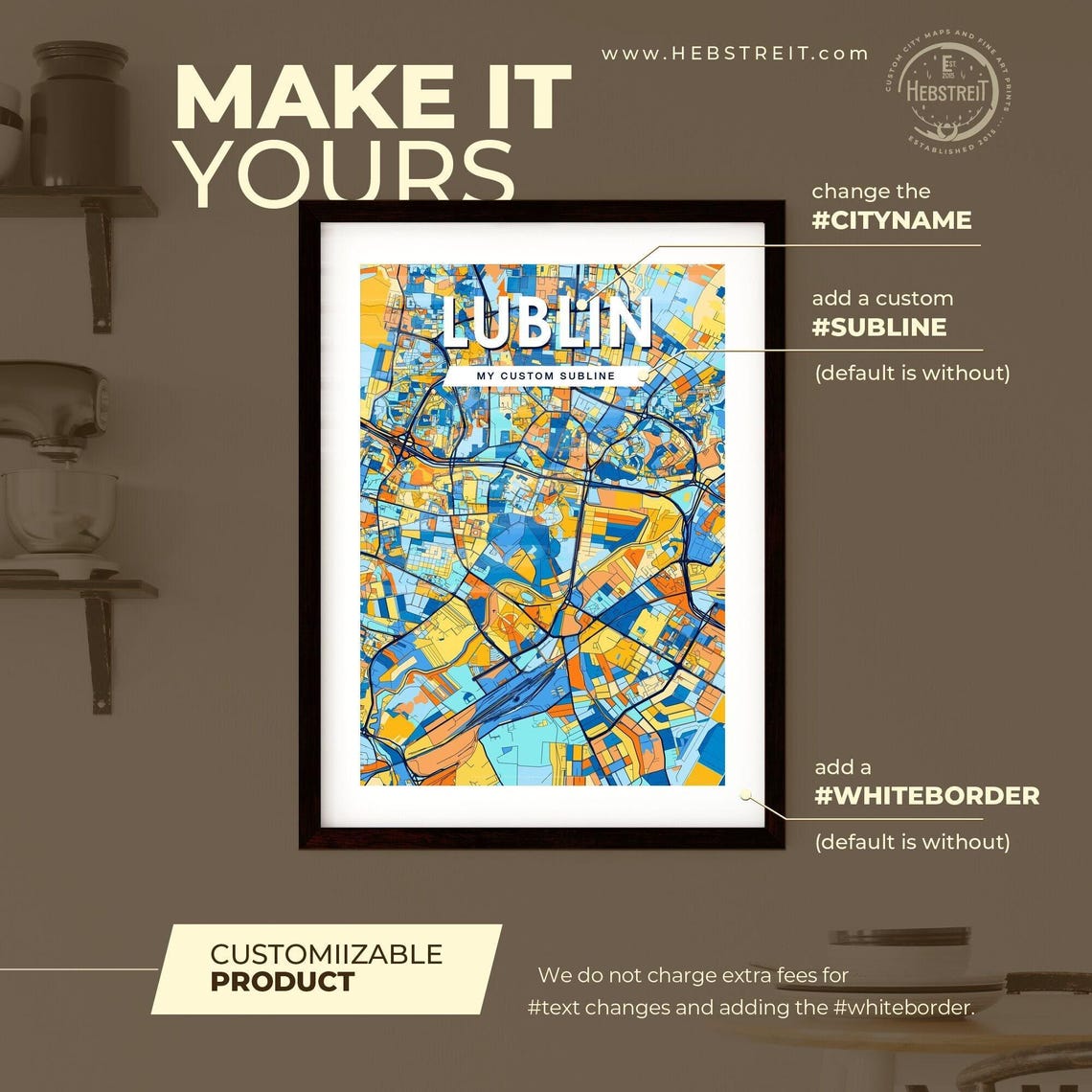 Lublin Poland Bold Colorful Blue Orange Fine Art City Map Poster - Image 3