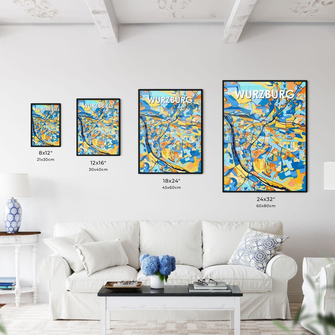 Wurzburg Germany Colorful City Street Map Blue Orange Poster Art - Image 3