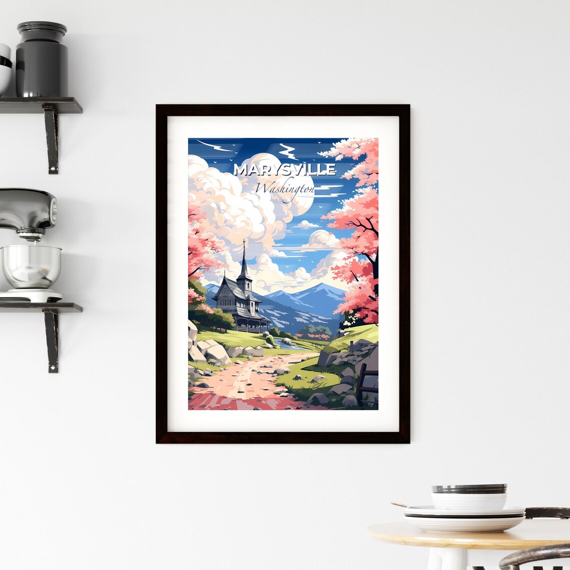 Marysville Washington Mountain Church Spring Blossom Travel Poster - Image 2
