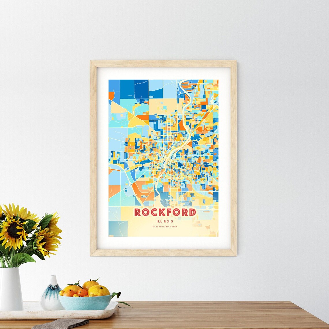Rockford Illinois Colorful Modern Blue Orange City Map Art Poster - Image 2