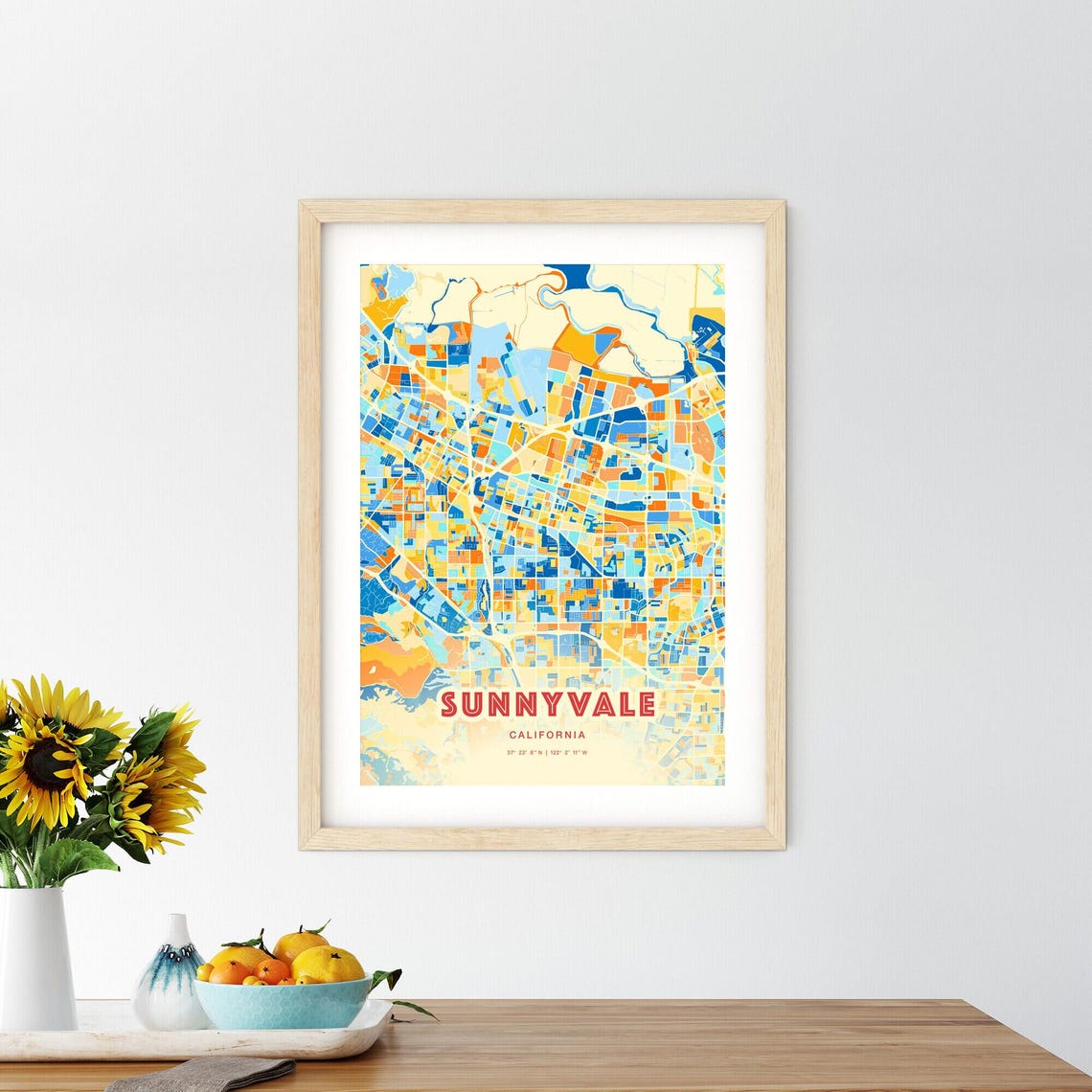 Sunnyvale California Modern Geometric Blue Orange City Map Art Poster - Image 2