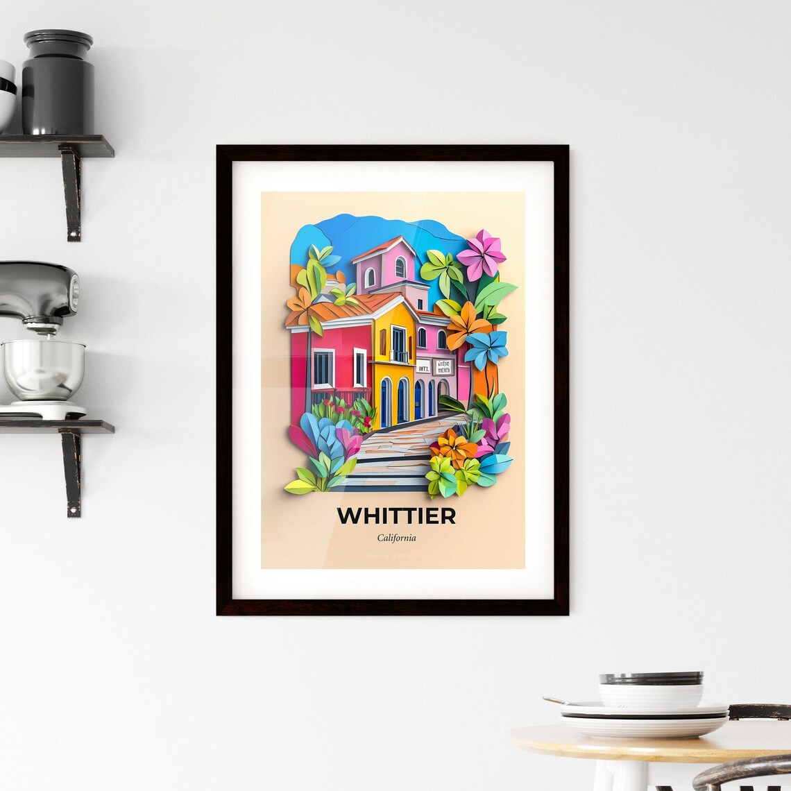 Whittier California Colorful Paper Cut Floral Street Travel Poster - Image 2
