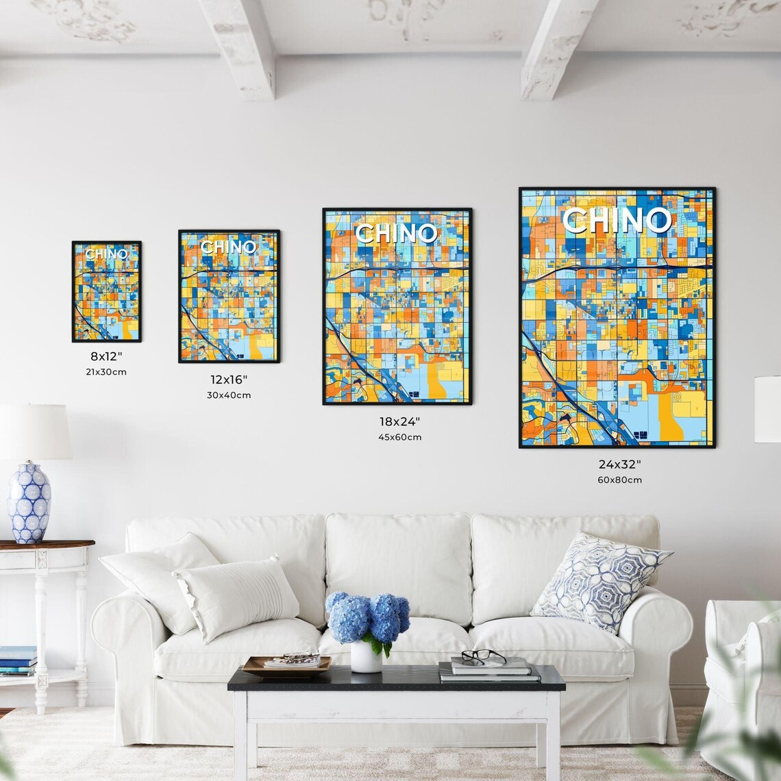 Chino California Vibrant Blue Orange Mosaic City Street Map Poster - Image 3