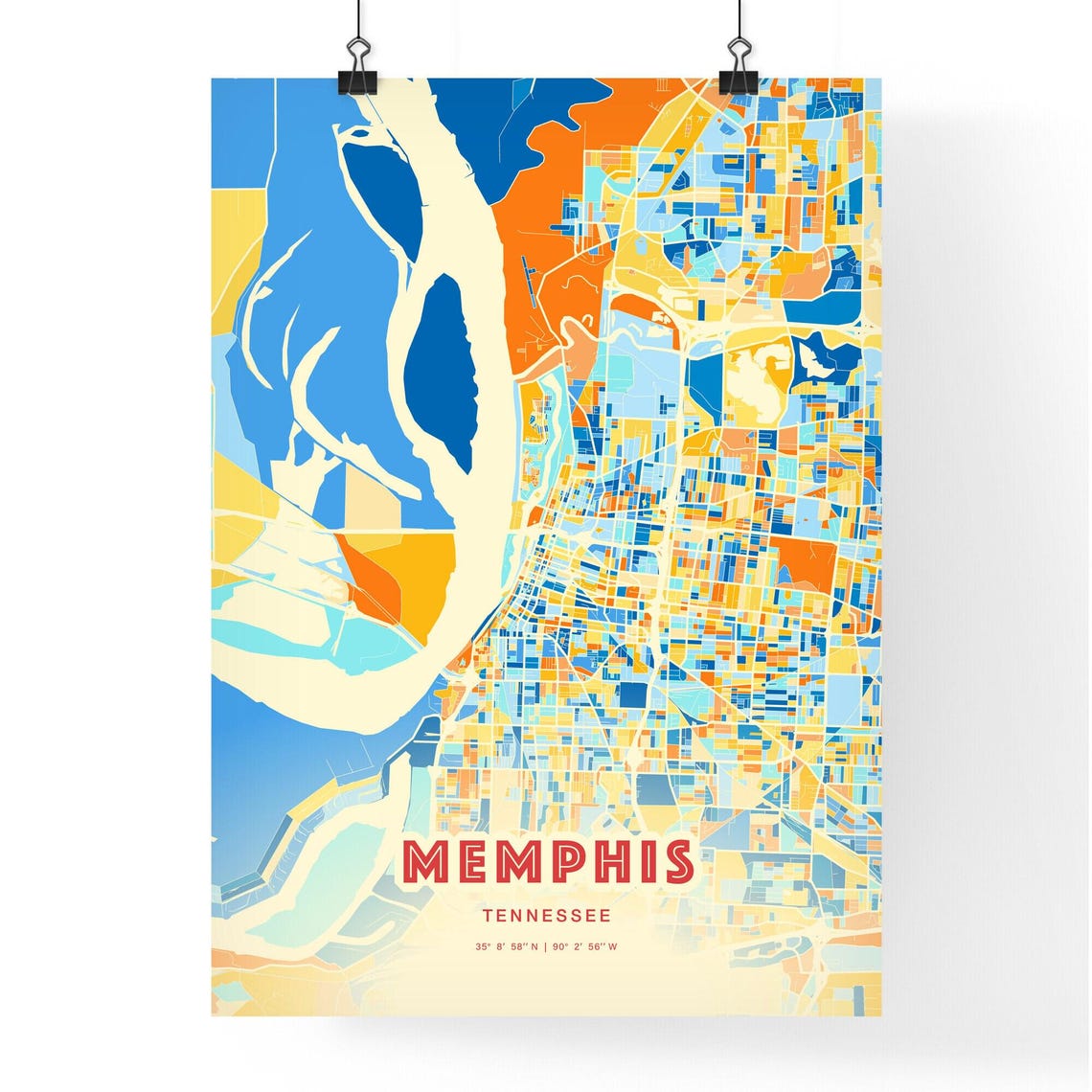 Memphis Tennessee Vibrant Blue Orange Mosaic City Map Poster - Image 3