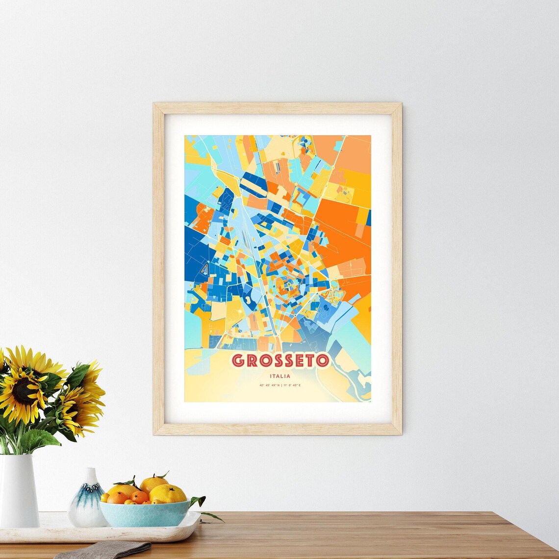 Grosseto Italy Colorful Blue and Orange Retro City Street Map Wall Art - Image 2