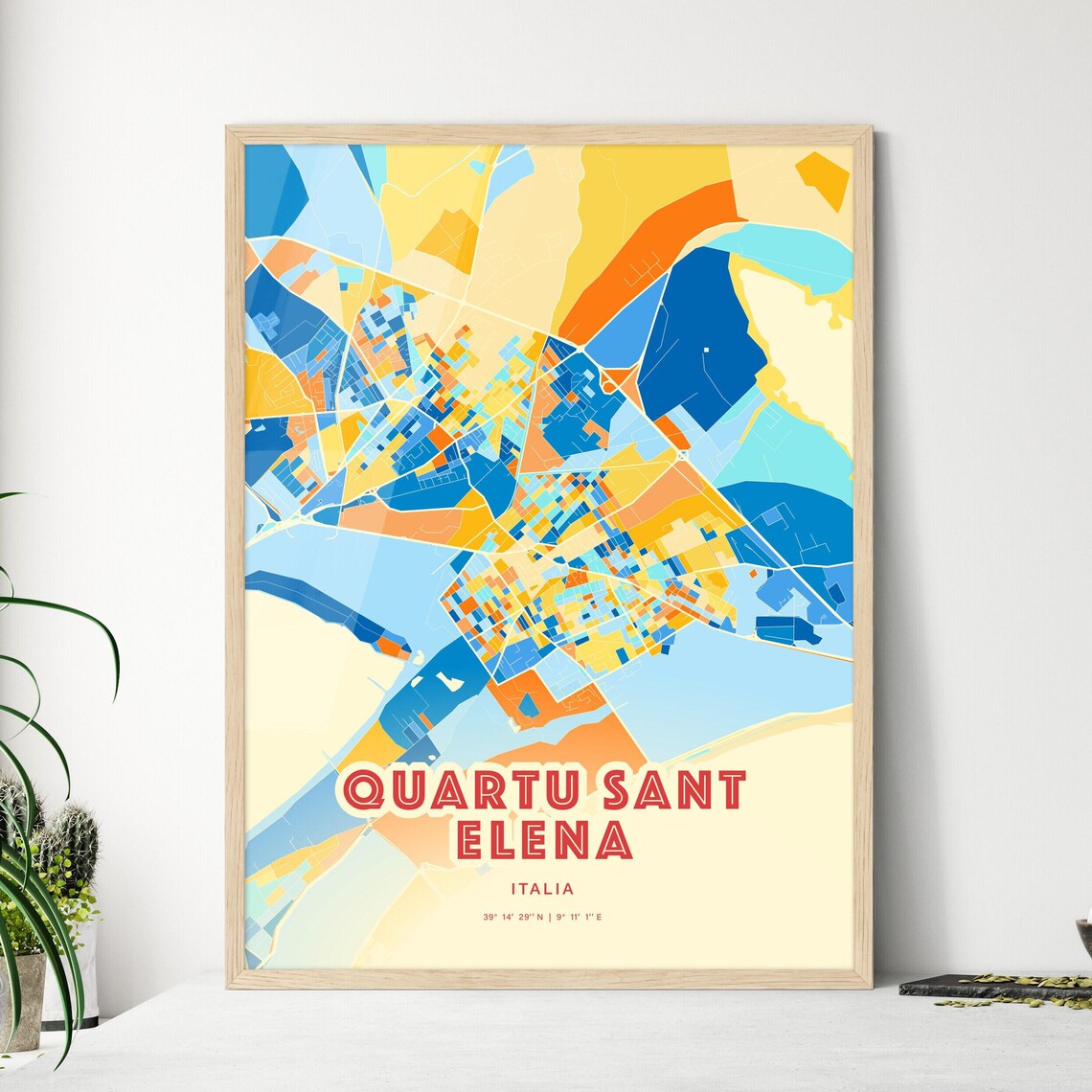 Quartu Sant Elena Italy Colorful Blue and Orange Street Map City Art Poster