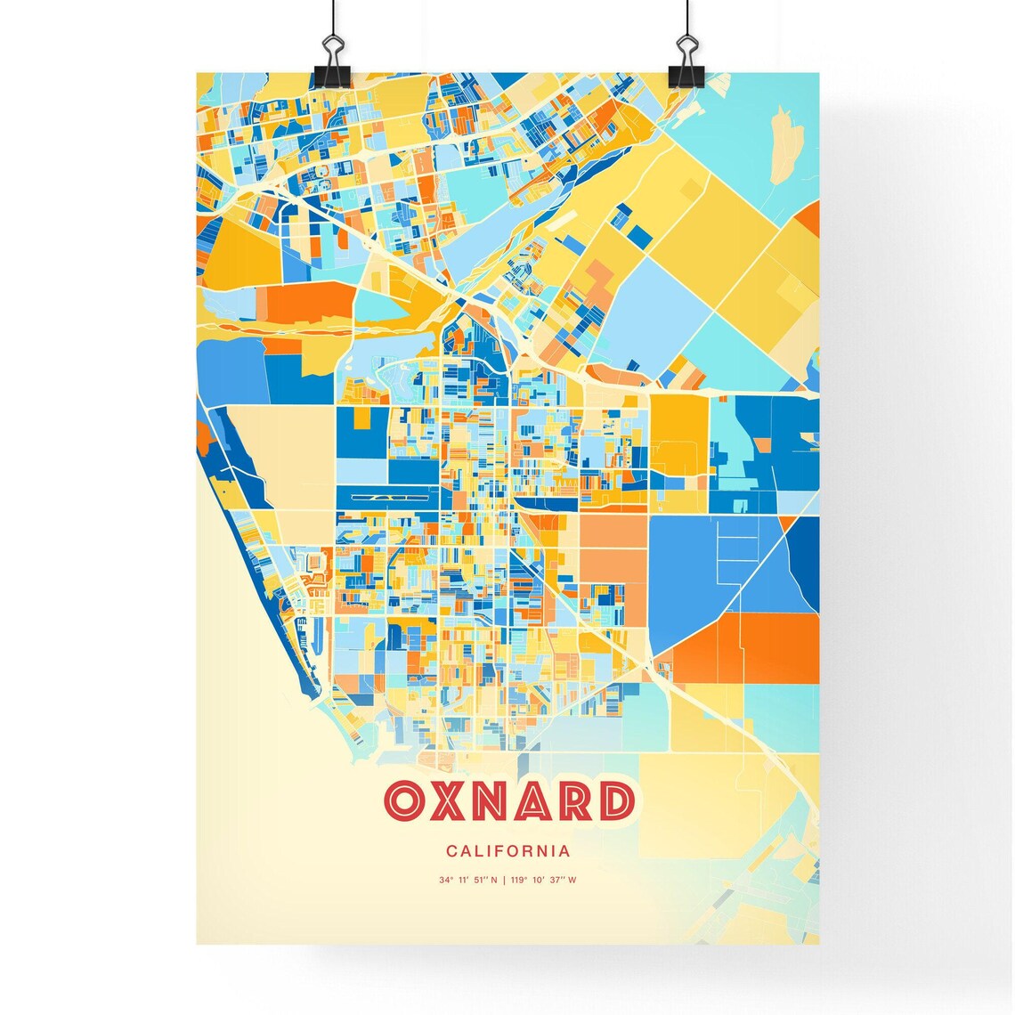 Oxnard California Vibrant Blue and Orange City Map Art Poster - Image 3