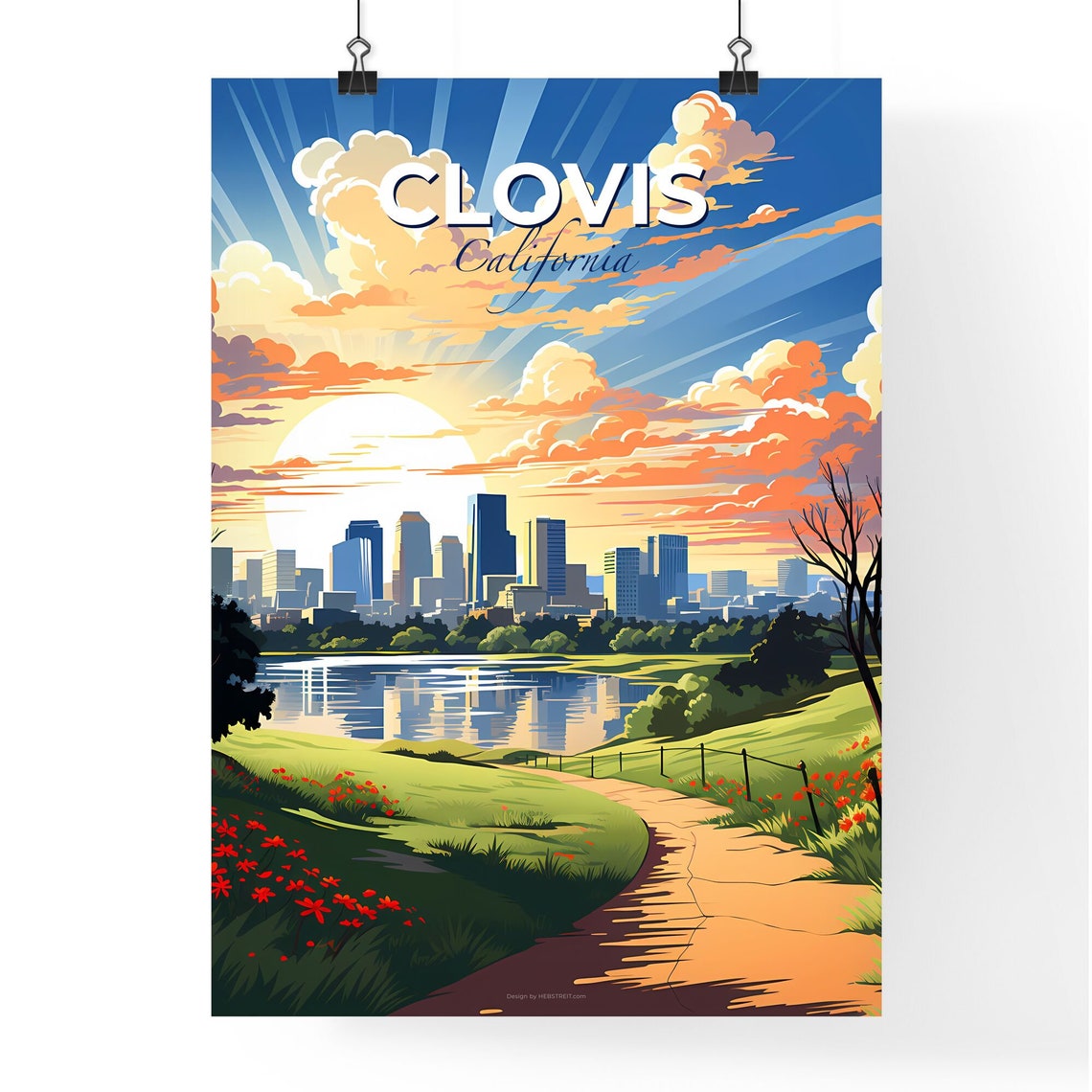 Clovis California Sunset Skyline Lake Park Path Travel Poster - Image 4