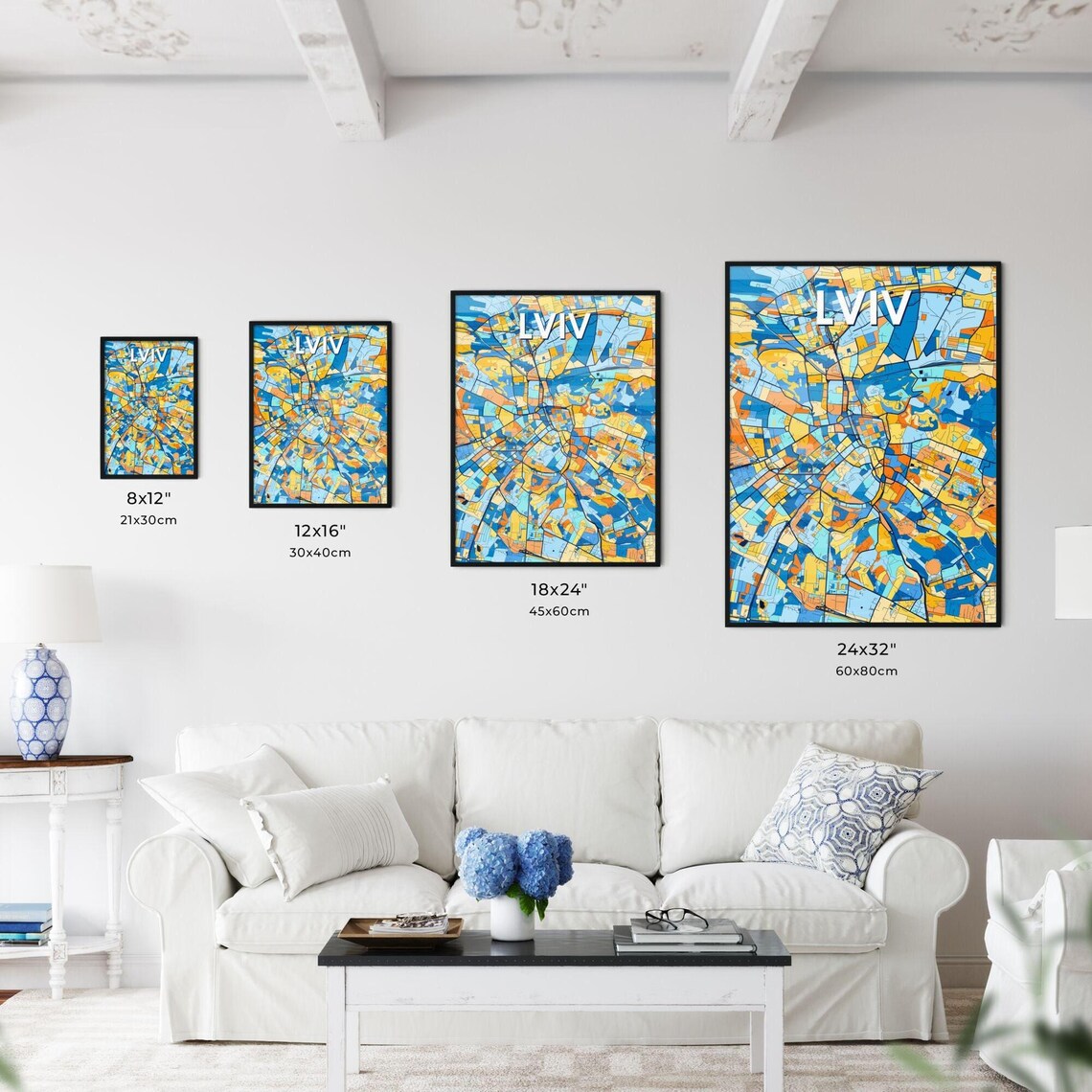 Lviv Ukraine Colorful Geometric City Map Art Poster in Blue and Orange - Image 3