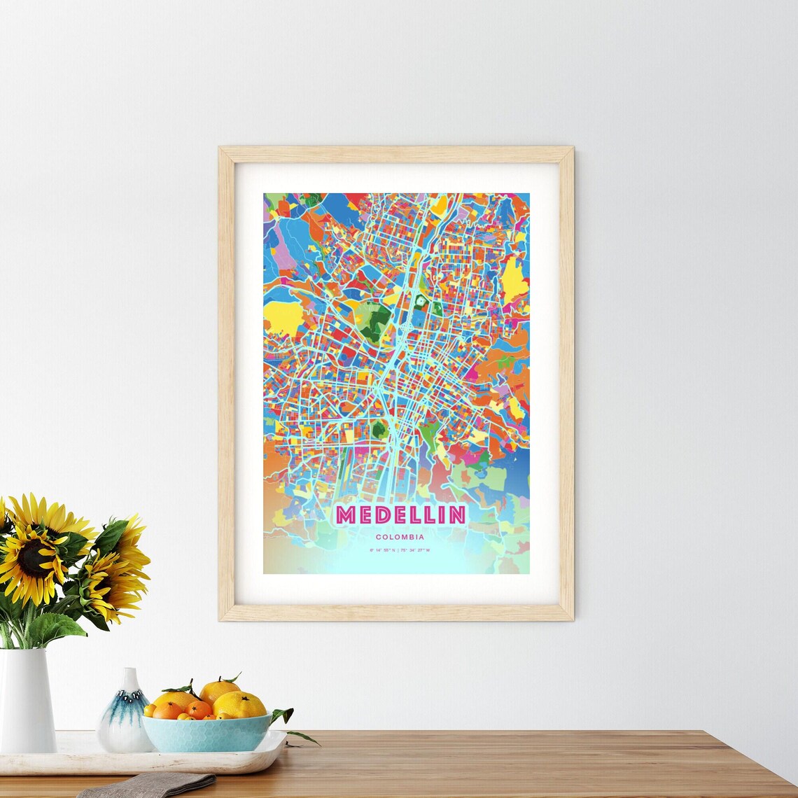 Medellin Colombia Bold Crazy Colorful Mosaic City Map Poster - Image 2