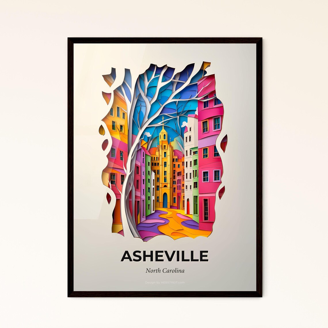 Asheville North Carolina Paper Cut City Street Travel Poster