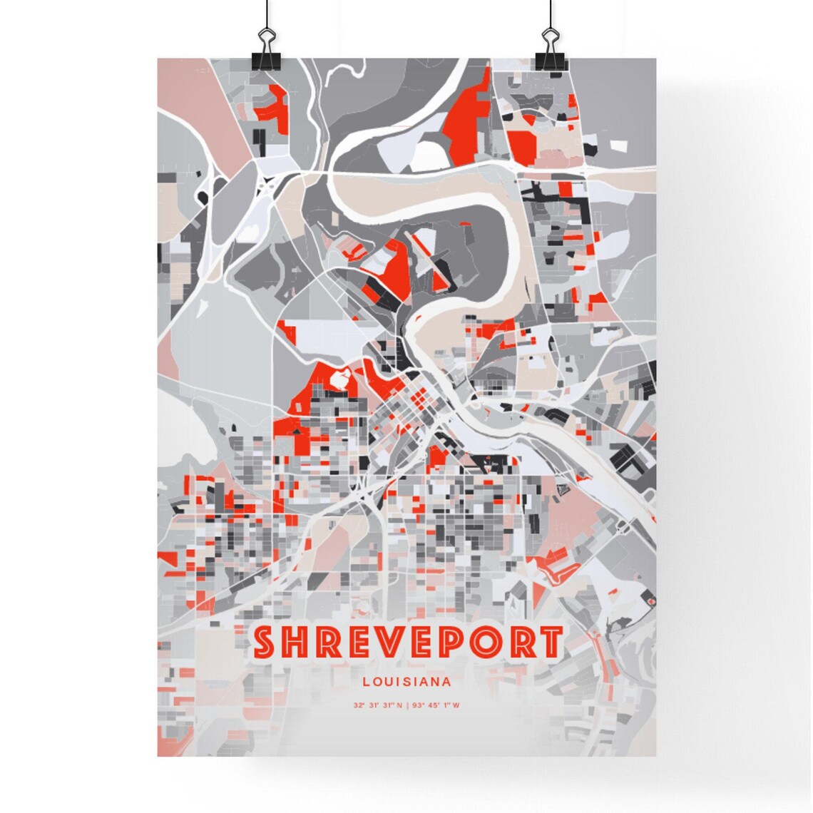 Shreveport Louisiana Modern Red Expressive City Map Art Poster - Image 3