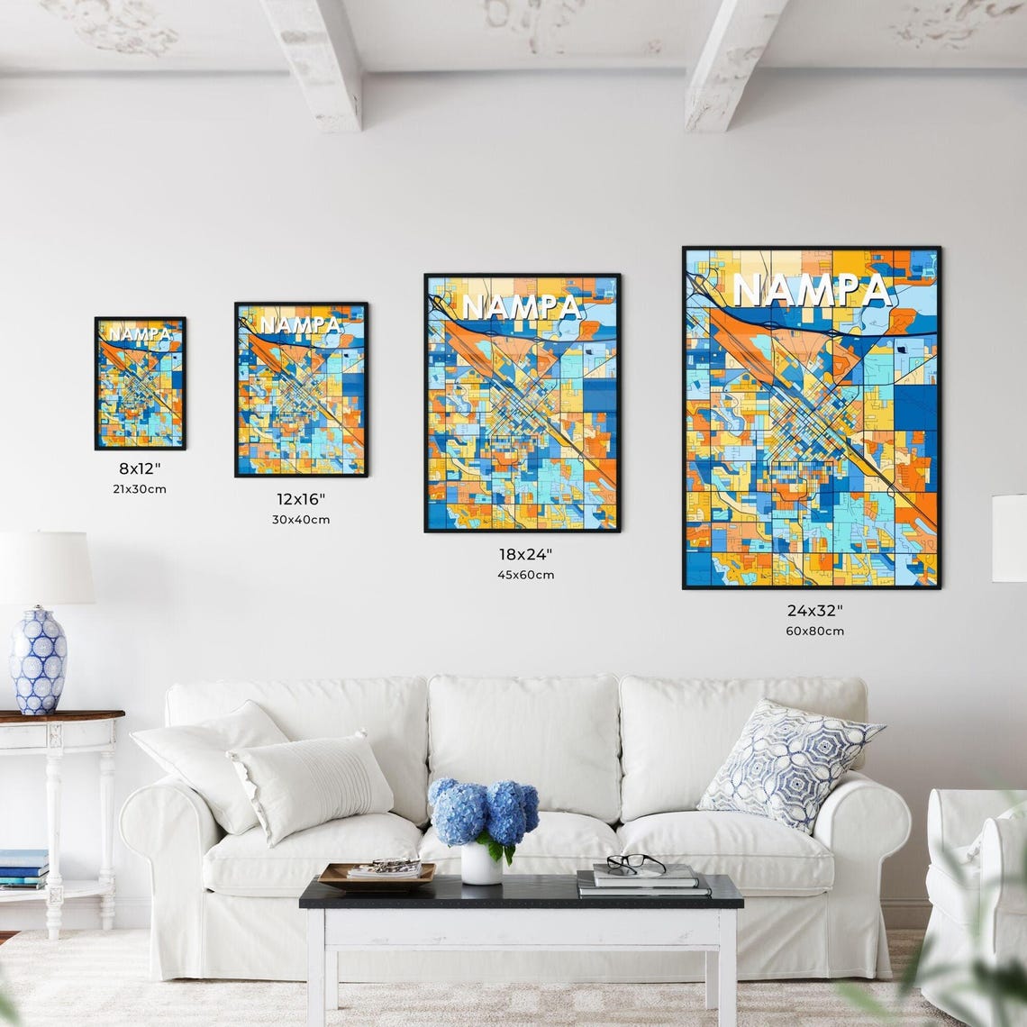 Nampa Idaho Vibrant Stylized Blue and Orange City Map Poster - Image 3