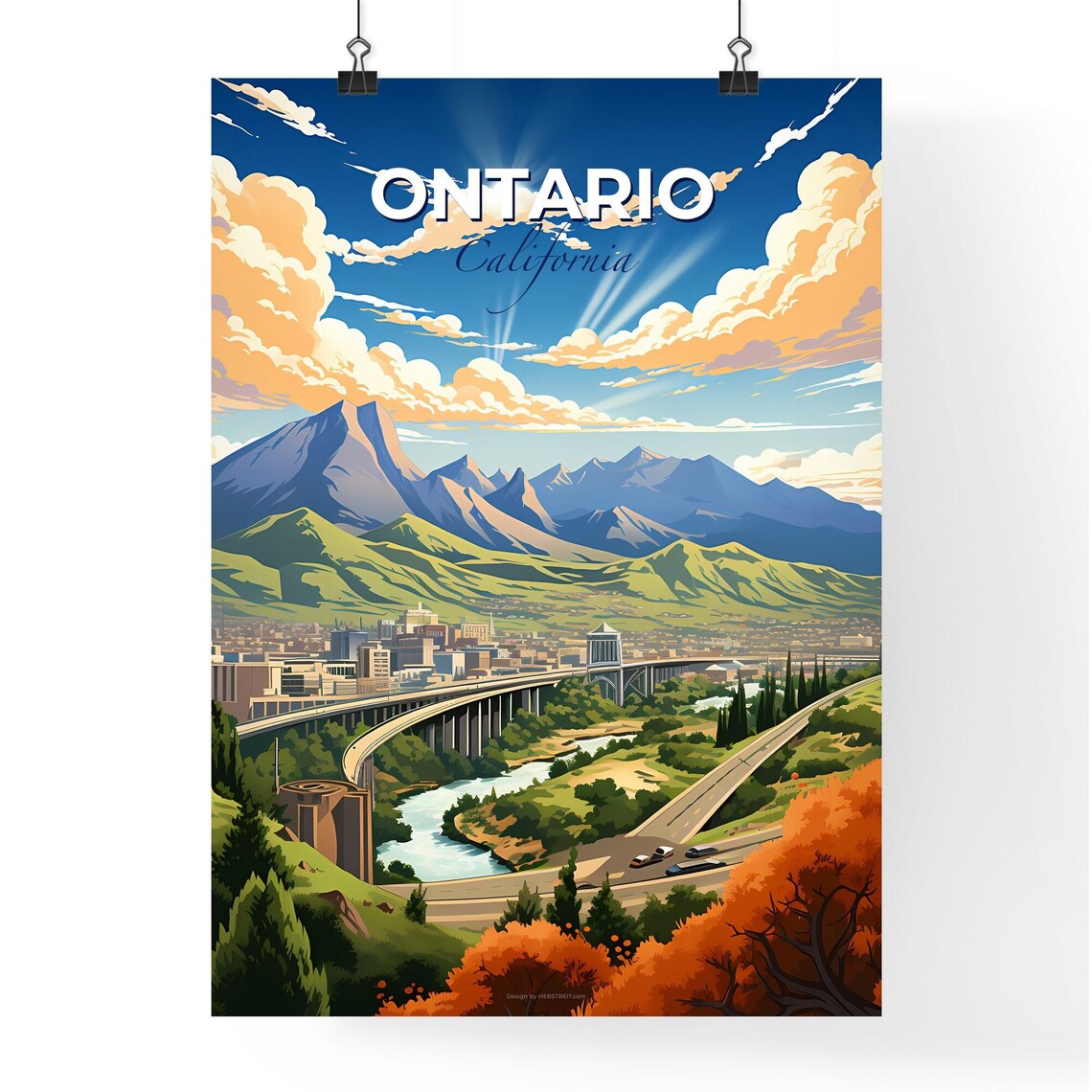 Ontario California Mountain City Bridge Vista Vintage Travel Poster - Image 4