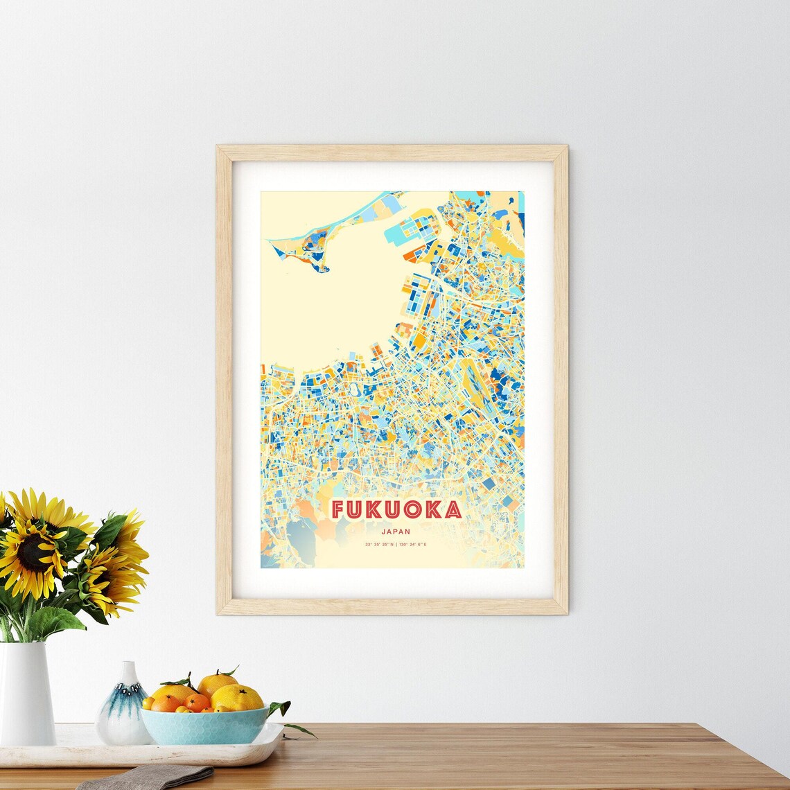 Fukuoka Japan Colorful Blue Orange City Map Art Poster Decor - Image 2