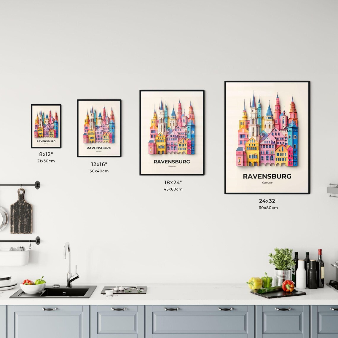 Ravensburg Germany Colorful Paper Cut Towers Skyline Travel Poster - Image 3